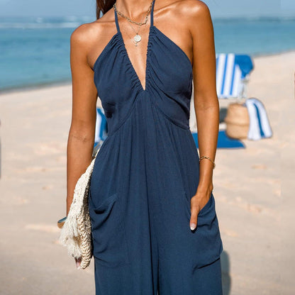 V-neck backless loose-fitting jumpsuit