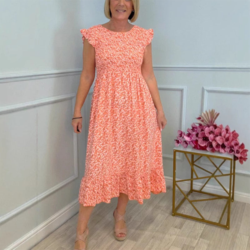 🎉🛍️Summer Hot Promotion 50% OFF💃Women's Elegant Floral Print High-Waisted Ruffle Cap Sleeve Dress