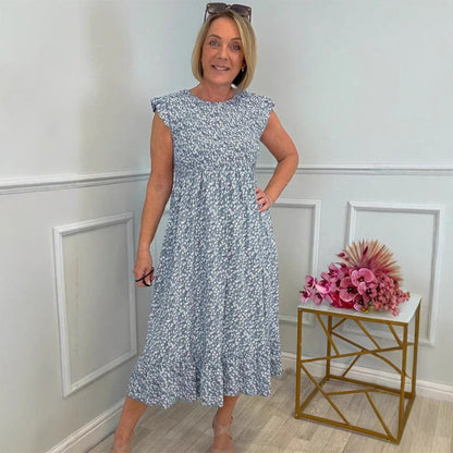 🎉🛍️Summer Hot Promotion 50% OFF💃Women's Elegant Floral Print High-Waisted Ruffle Cap Sleeve Dress